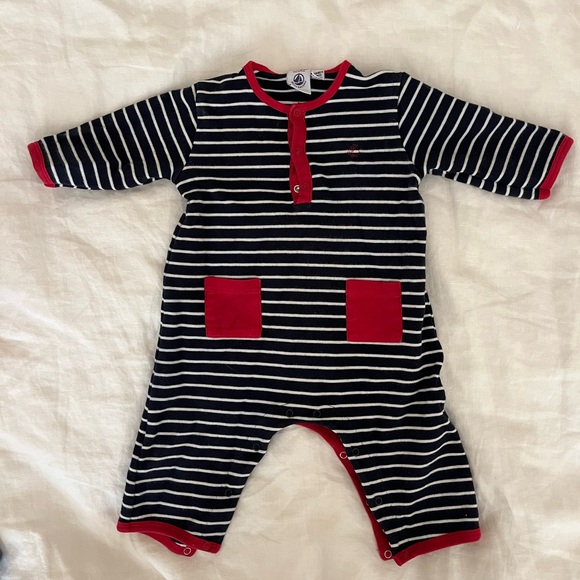 Petit Bateau Bodysuit Jumpsuit 6 Months White Navy Blue Stripes Red Stripes - Picture 1 of 3